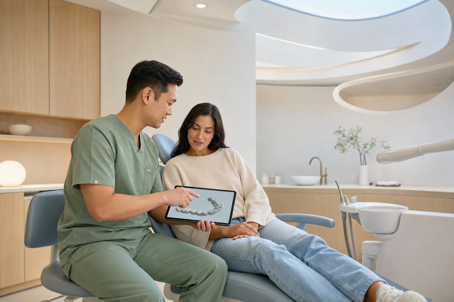 A dentist calmly explaining a digital scan to a patient